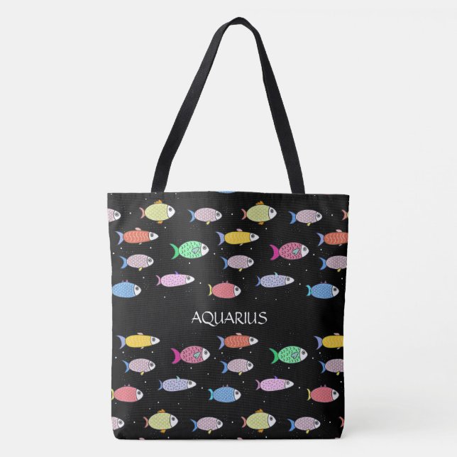 Modern multicolored fish on black tote bag (Front)