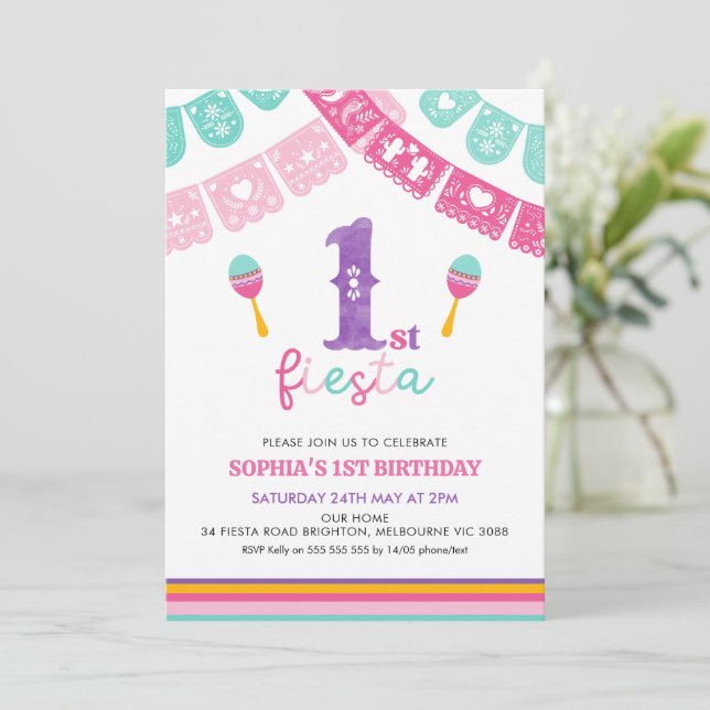 Modern Multicolored Girls Fiesta 1st Birthday  Invitation (Standing Front)