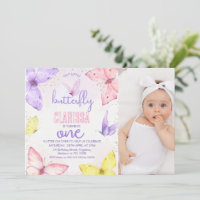Modern Multicolored Photo Butterfly 1st Birthday 