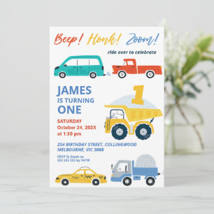 Modern Multicolored Transport 1st Birthday  Invitation