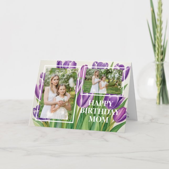 Modern Mum Birthday Photo Stylish Purple Tulip Card (Front)