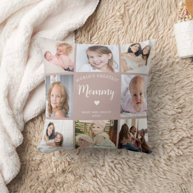 Modern Mum Custom Photo Collage Pink Heart Cushion (Blanket)