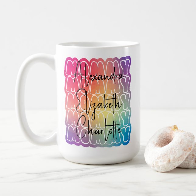 Modern Mummy Pattern Colourful Mum Kid's Names  Coffee Mug (With Donut)