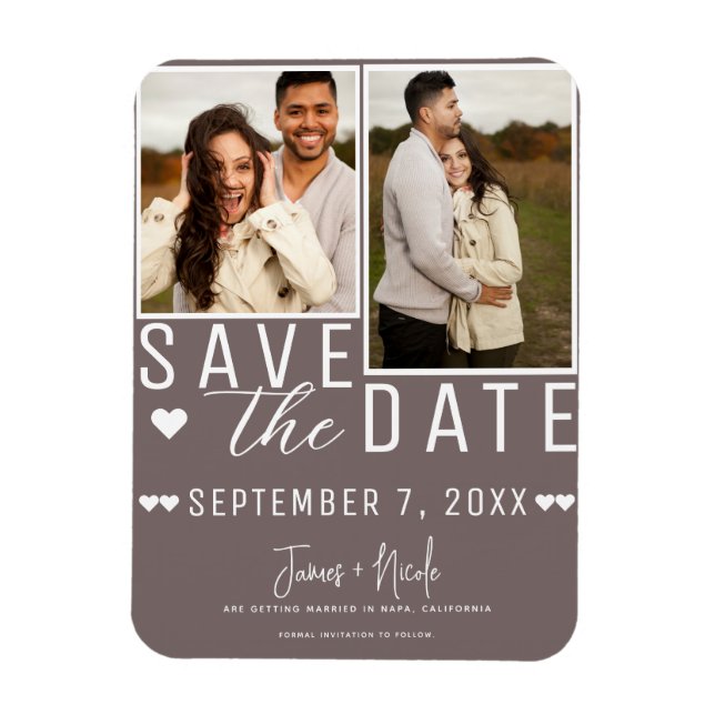 Modern Mushroom Grey Save the Date 2 Photo Wedding Magnet (Vertical)