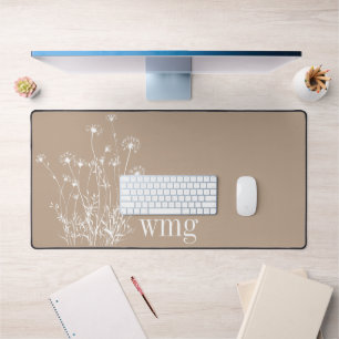 Modern Mushroom Tan & White Wildflowers Monogram Desk Mat