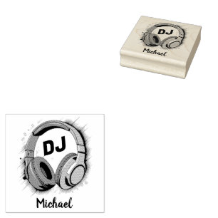 Modern Music DJ Headphones Personalised Name  Rubber Stamp