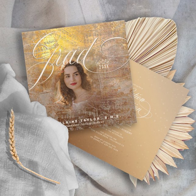 Modern Music Grad Photo Gold ID899 Invitation (Creator Uploaded)
