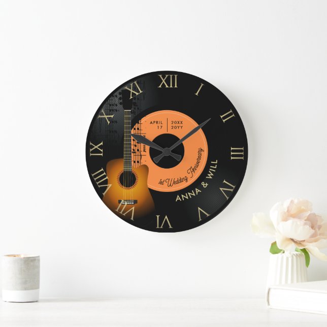 Modern Music Guitar Vinyl 1st Wedding Anniversary Large Clock (Home)
