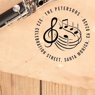 Modern Music Notes Round Name & Return Address Rubber Stamp