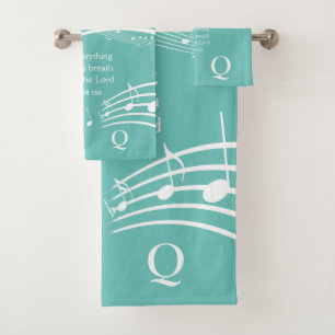 Modern Music Notes Teal Monogram  Bath Towel Set