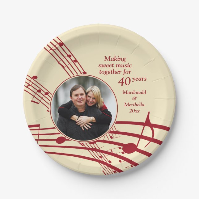 Modern MUSIC Photo 40th Ruby Wedding Anniversary P Paper Plate (Front)