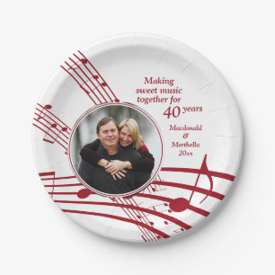 Modern MUSIC Photo 40th Ruby Wedding Anniversary Paper Plate