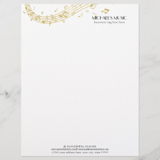 Modern Musical Business Branding Gold Music Notes Customized Letterhead (Front)