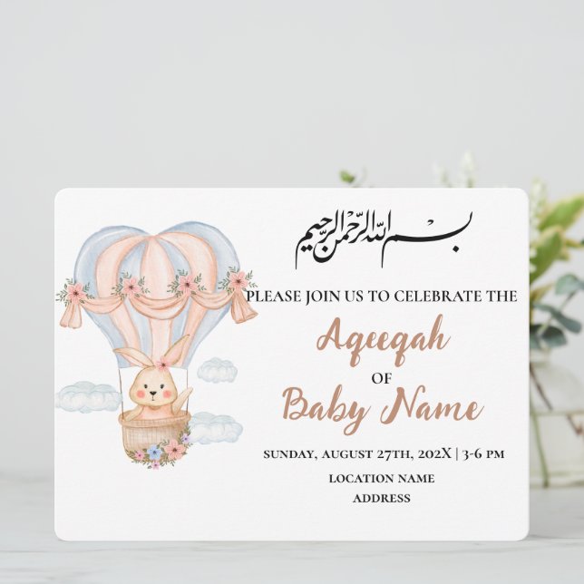 Modern Muslim Cute Girl Aqeeqah Invitation Card (Standing Front)