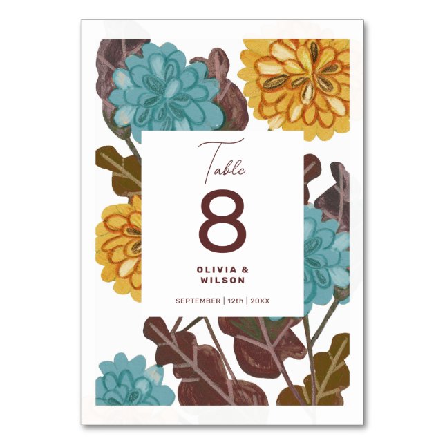 Modern mustard jewel tone floral wedding table number (Front)