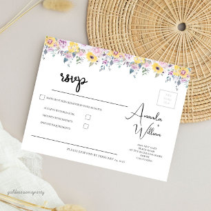 Modern Mustard Yellow and Lavender Floral Wedding RSVP Card