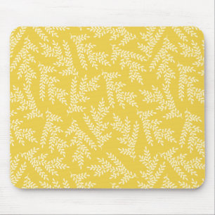 Modern Mustard Yellow Floral Leaves Pattern Mouse Mat