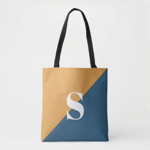 Modern Mustard Yellow Navy Blue Monogram Tote Bag