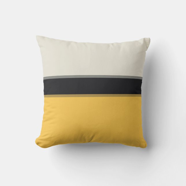 Modern Mustard Yellow Silver Grey Black Stripes Cushion (Front)