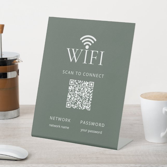 Modern Muted Green WiFi Network Password QR Code Pedestal Sign (In SItu)