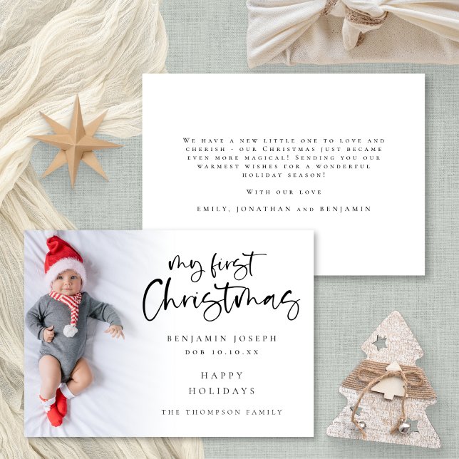 Modern My First Christmas Baby Custom Photo Holiday Card (Front and back view. Available digitally or printed.)