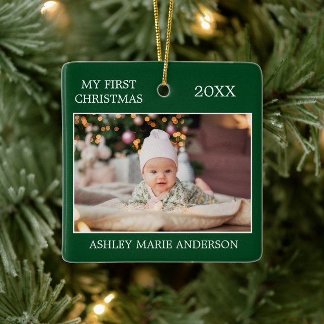 Modern My First Christmas Baby Photo Green Ceramic Ornament (Tree)