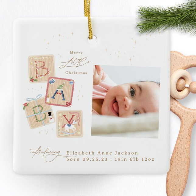Modern My First Merry Christmas Photo Baby Birth Ceramic Ornament (Creator Uploaded)