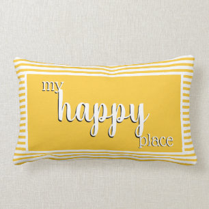 Modern My Happy Place Typography Yellow Stripe Lumbar Cushion