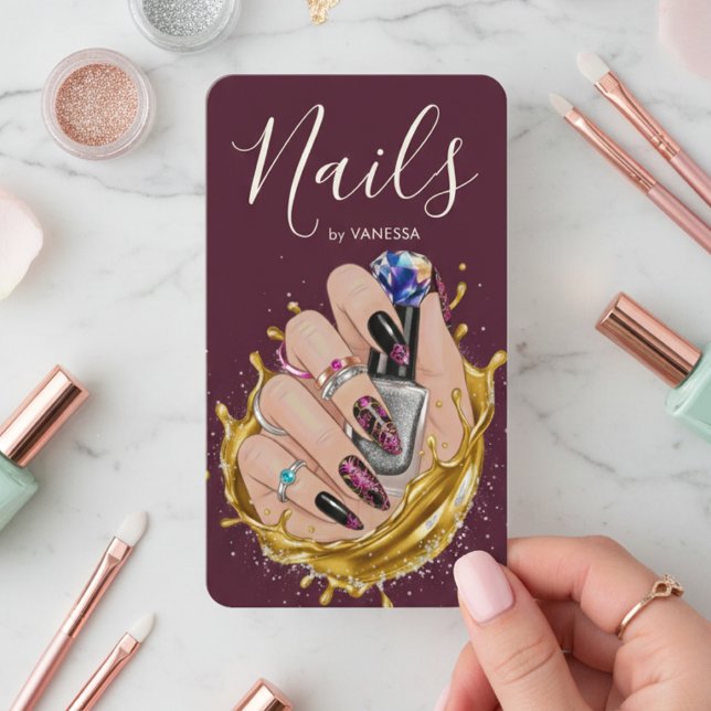 Modern Nail Art Studio Burgundy Manicurist Artist Business Card (Creator Uploaded)