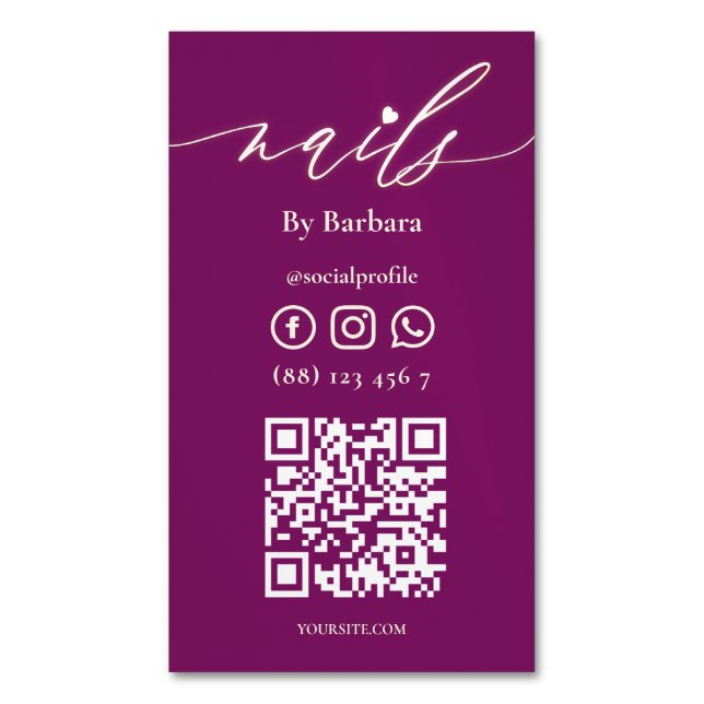 Modern Nail Artist Beauty Salon Red Wine QR Magnetic Business Card (Front Vertical)