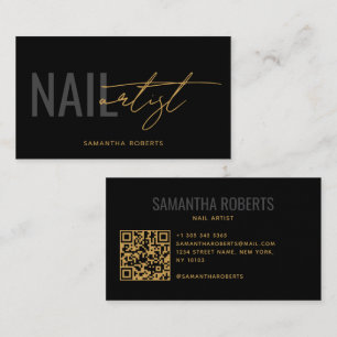 Modern nail artist QR Code black gold Business Card