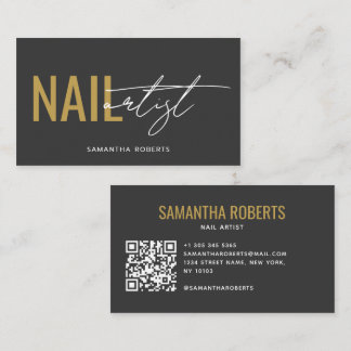 Modern nail artist QR Code grey gold Business Card