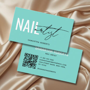 Modern nail artist QR Code teal Business Card