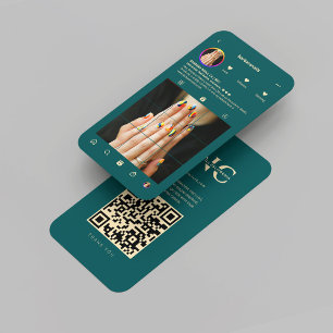 Modern Nail Artist Salon Dark Teal Gold Instagram  Business Card