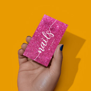 modern nail artist script typography pink glitter business card