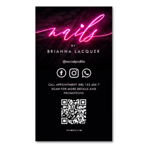 Modern Nail Beauty Salon Nail Artist Hot Pink QR Magnetic Business Card