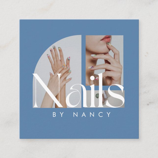 Modern Nail Salon Photo Collage Dusty Blue  Square Business Card (Front)