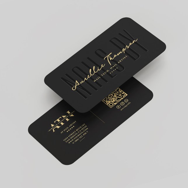 Modern Nail Tech Manicurist Monogram Elegant Black Business Card (Modern Nail Tech Manicurist  Nail Artist Monogram Elegant Black Gold Business Card
)