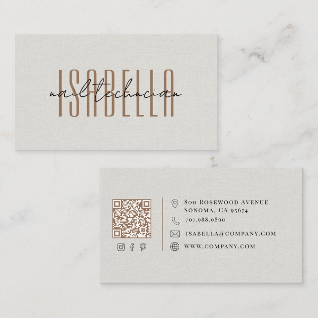 Modern Nail Technician Faux Linen Script Business Card (Front/Back)