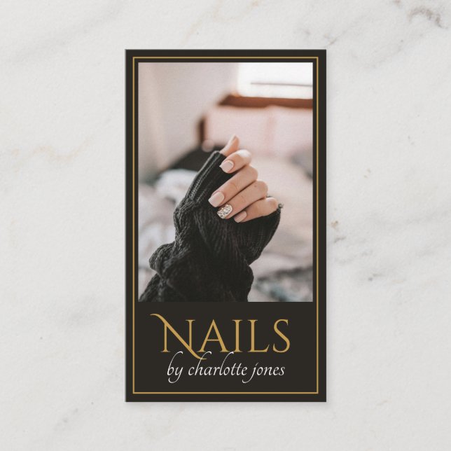Modern Nail Technician Nail Photo Black Gold Business Card (Front)