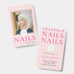 Modern Nails Blush Pink Bold Logo Photo Salon Name ID Badge