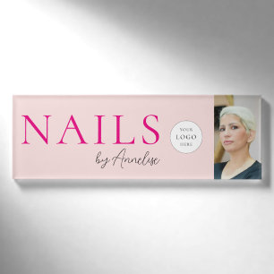 Modern Nails Blush Pink Script Logo Photo Stylist Name Tag