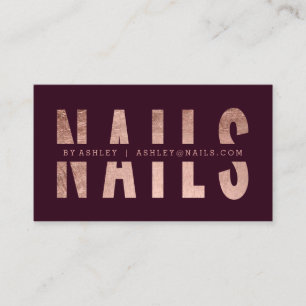 Modern nails cut out rose gold typography red business card