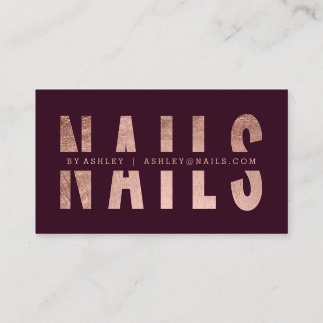 Modern nails cut out rose gold typography red business card (Front)