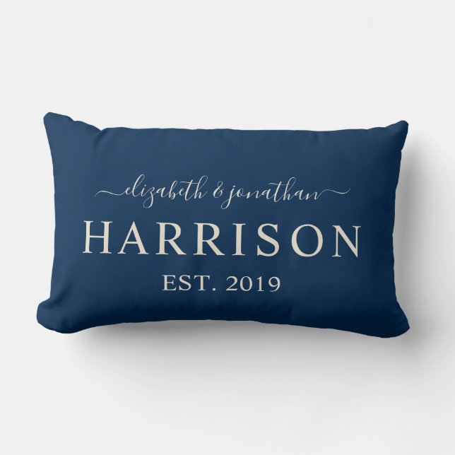 Modern Name and Year Established Navy Blue Lumbar Cushion (Front)
