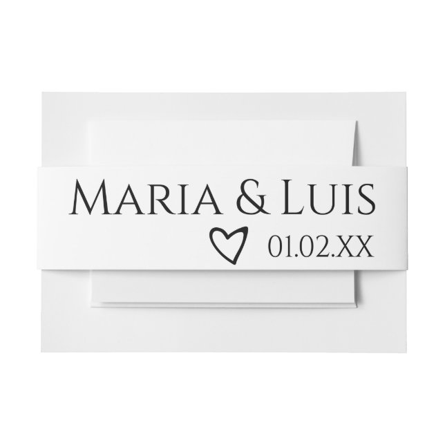 Modern Name Black White Heart Wedding  Invitation Belly Band (Front Example)