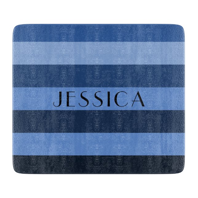 Modern Name Blue Stripes Pattern Cutting Board (Front)