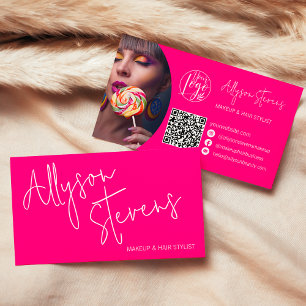 Modern name bold pink script makeup hair logo qr business card