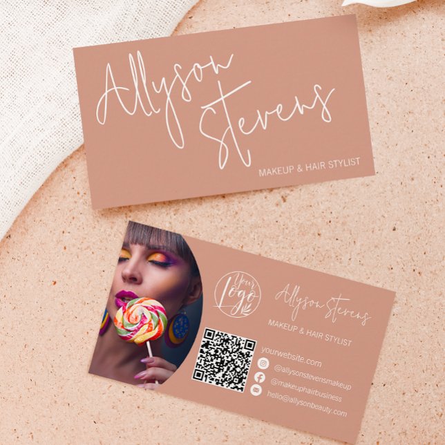 Modern name bold script makeup hair logo qr boho business card (Creator Uploaded)