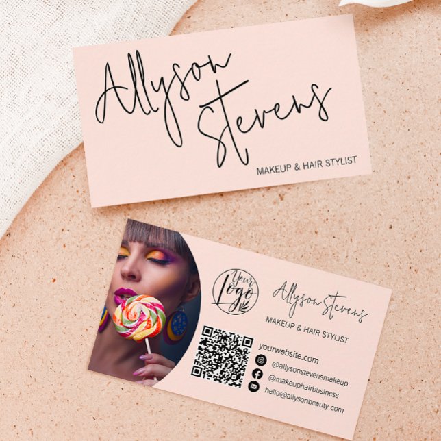 Modern name bold script makeup hair logo qr pink business card (Creator Uploaded)